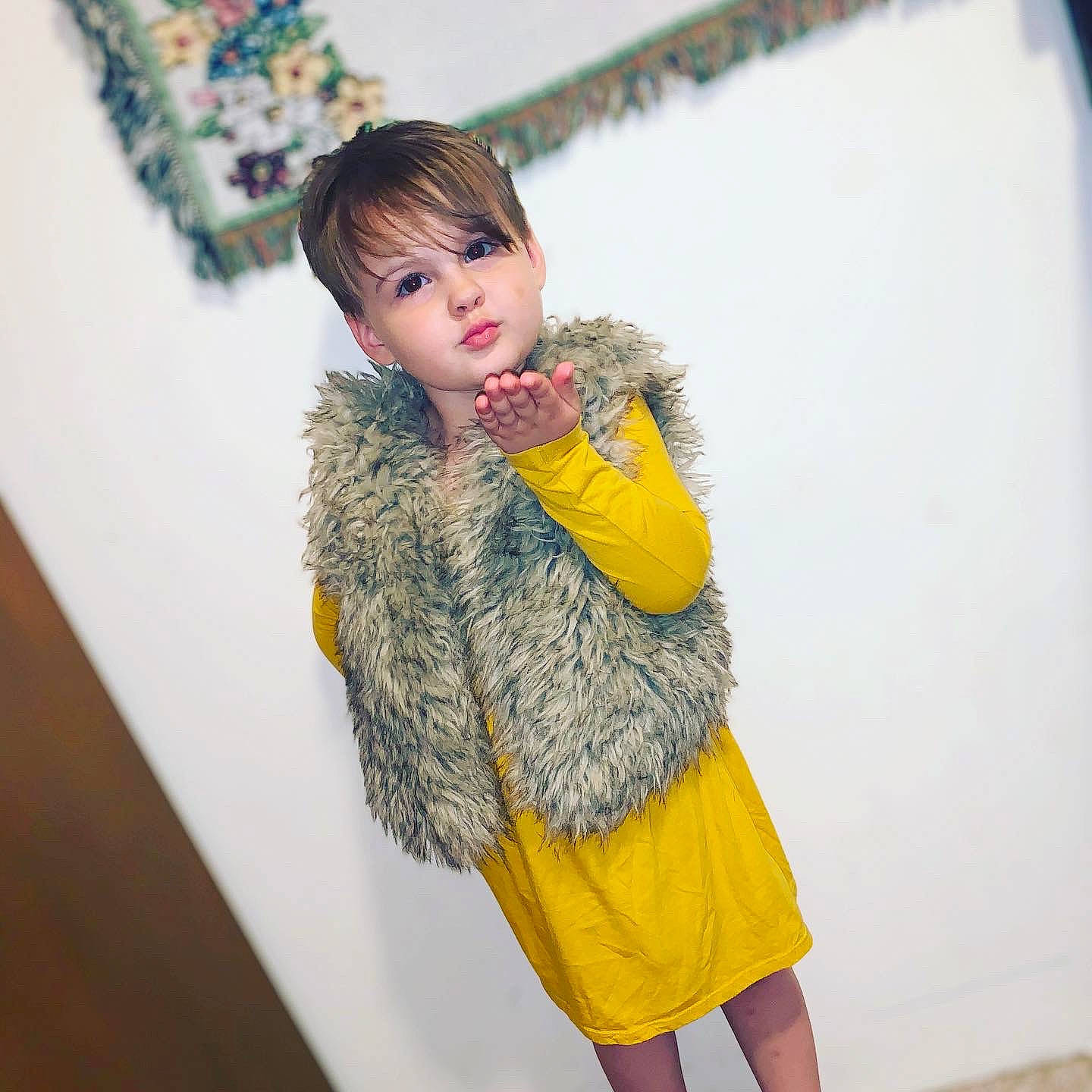 Evelynne joined the competition — help win amazing prizes! blond, cocktail_dress, denim, electric_blue, fashion_design, fun, fur, fur_clothing, happy, human_body, human_leg, jacket, joint, knee, pattern, person, shoulder, sleeve, thigh, toddler