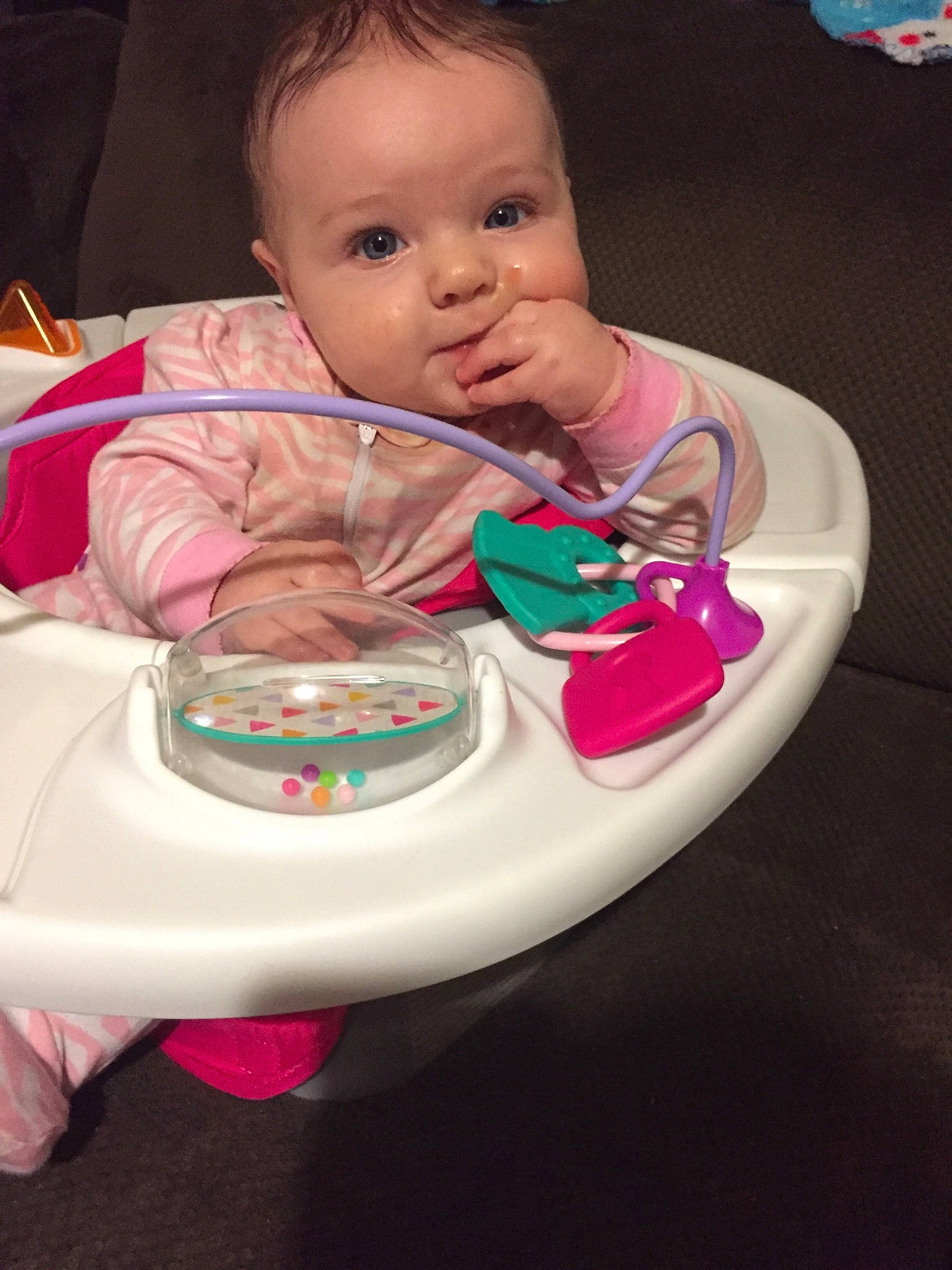 Rose is registered to the contest to win money with this photo: baby_products, child, fun, infant, person, pink, play, product, sitting, toddler, toy