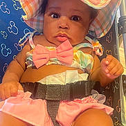 Fai'Lyn joined the competition — help win amazing prizes! baby, child, hat, bow, stroller, seatbelt, mickey_mouse_pattern, pink, pastel_colors, infant, clothing, cute, portrait, summer_outfit, baby_girl, seated, indoor, closeup, adorable, expression