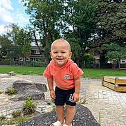 Tom joined the competition — help win amazing prizes! toddler, child, rock, outdoor, park, greenery, trees, grass, smiling, person, shorts, hoodie, footwear, shoes, daytime, clouds, nature, happy, standing, urban
