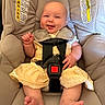 Blayre is registered to the contest to win money with this photo: baby, child, car_seat, safety_harness, yellow_dress, smile, barefoot, infant, cute, face, person, indoors, seat, happy, skin, foot, hand, clothing, warning_label, straps