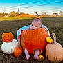 baby, infant, pumpkin, jack_o_lantern, gourd, grass, field, autumn, fall, outdoor, sky, farm, house, sunset, portrait, cute, bare_feet, blanket, carving, seasonal