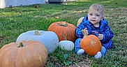 Hunter is registered to the contest to win money with this photo: baby, child, infant, pumpkins, pumpkin_patch, autumn, halloween, outdoor, grass, yard, house, deck, trees, sunlight, blue_jacket, striped_shirt, sitting, portrait, harvest, seasonal
