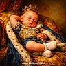 baby, crown, sleeping, regal, royalty, blue_clothing, gold_embroidery, scepter, throne, fur_trim, sock, child, portrait, luxury, fabric, golden_background, relaxation, indoor, costume, nap