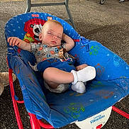 Hunter joined the competition — help win amazing prizes! baby, sleeping, baby_rocker, blue, colorful, cartoon, animal_print, sock, clothing, infant, peaceful, resting, seat, toy, indoor, floor, metal_frame, cute, child, relaxing