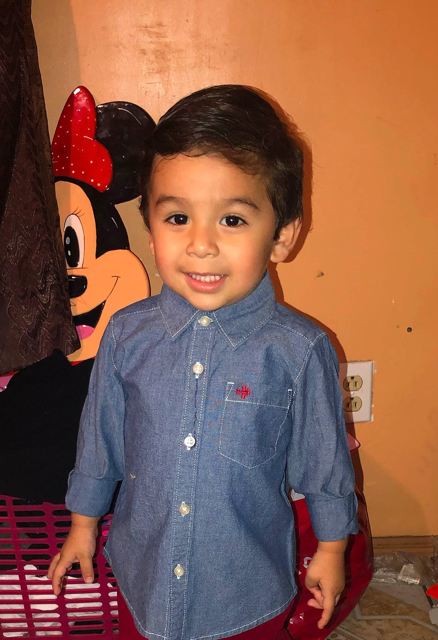 Damian is registered to the contest to win money with this photo: baby_toddler_clothing, collar, dress_shirt, eye, formal_wear, gesture, hair, happy, joy, neck, pattern, person, plaid, red, skin, sleeve, smile, standing, t_shirt, tartan