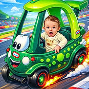 Noam a rejoint le concours — aidez-le/la à gagner de superbes lots ! baby, cartoon_style, child, colorful, cute, dinosaur_theme, excitement, flames, fun, green, helmet_absent, outdoor, playful, race_track, racing, smile, steering_wheel, toddler, toy_car, vehicle