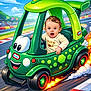 baby, cartoon_style, child, colorful, cute, dinosaur_theme, excitement, flames, fun, green, helmet_absent, outdoor, playful, race_track, racing, smile, steering_wheel, toddler, toy_car, vehicle