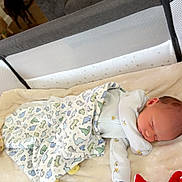 Deacon is registered to the contest to win money with this photo: newborn, baby, sleeping, infant, bassinet, blanket, dinosaur_pattern, onesie, nursery, indoor, dog, sofa, adult, sock, furniture, portrait, resting, cozy, home, family