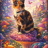 Daisy is registered to the contest to win money with this photo: cat, calico_cat, mushroom, fantasy, butterfly, rainbow, forest, flowers, glowing, magical, fairy_tale, nature, tree, pathway, house, whimsical, colorful, fantastical, animal, outdoor