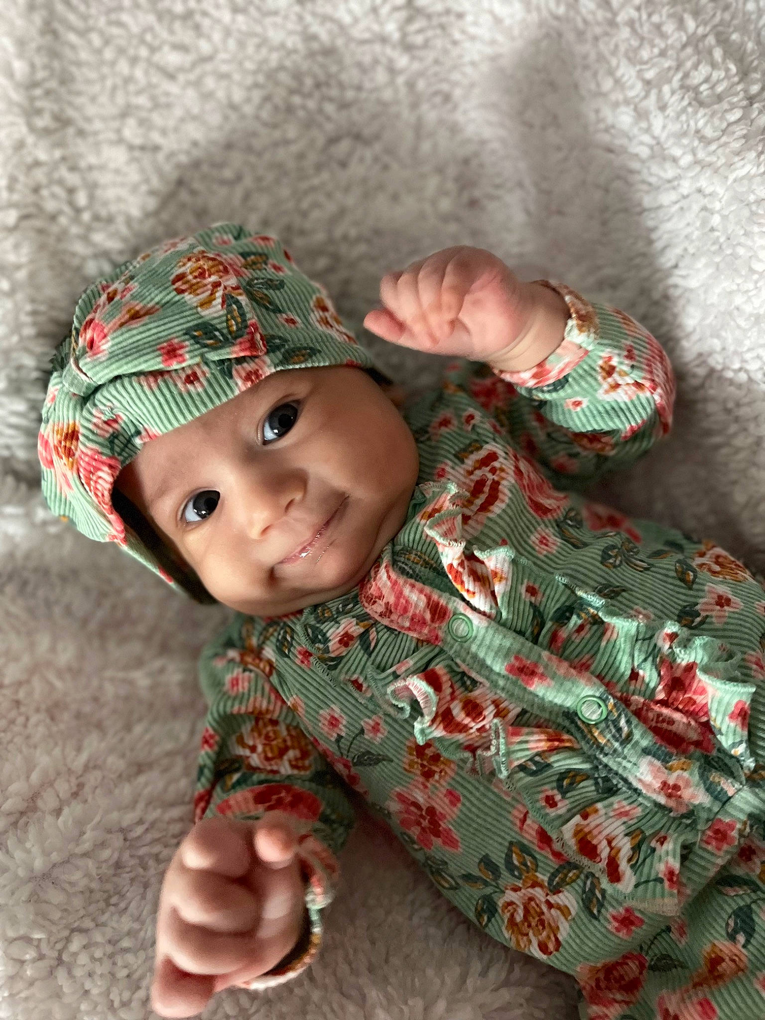 Isabelle joined the competition — help win amazing prizes! baby_toddler_clothing, cap, child, eye, face, fashion_accessory, happy, head, headwear, human_body, linens, pattern, person, sitting, skin, sleeve, smile, sun_hat, textile, toddler