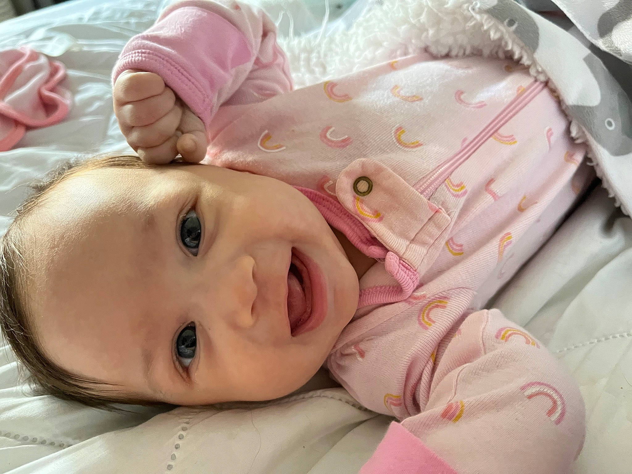 Isabelle joined the competition — help win amazing prizes! baby, baby_toddler_clothing, bedding, cheek, child, comfort, eye, eyebrow, eyelash, face, facial_expression, happy, linens, lip, mouth, nose, person, pink, skin, smile