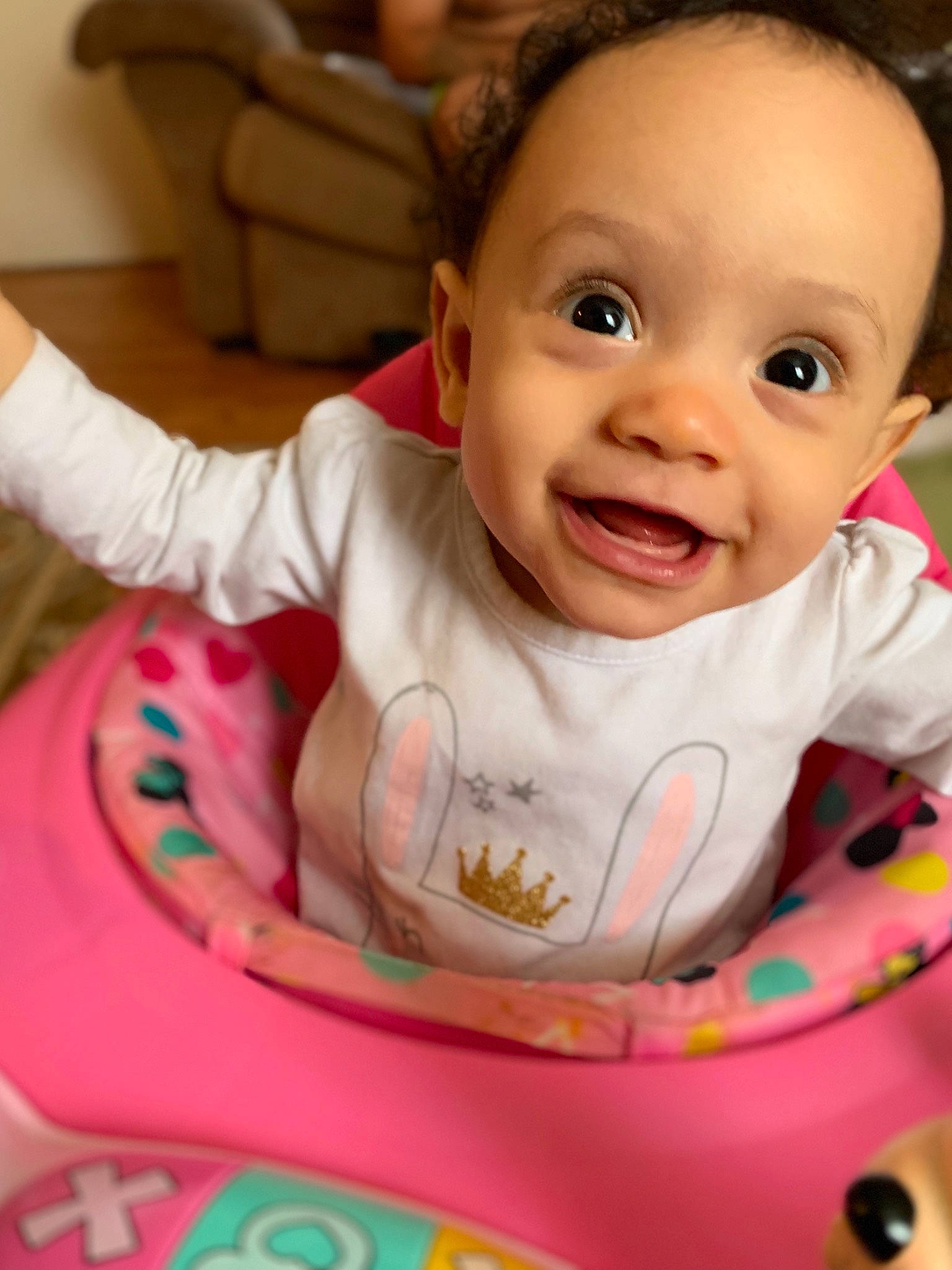 Margaux is registered to the contest to win money with this photo: baby, baby_laughing, beauty, cheek, child, face, facial_expression, fun, happy, head, lip, nose, person, pink, play, product, sitting, skin, smile, toddler