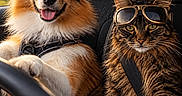 Berlin participe au concours pour gagner de l'argent avec cette photo : adventure, animal, brown_fur, car_interior, cat, companion, cute, dog, fur, goggles, happy, pet, seat, seatbelt, steering_wheel, striped_fur, sunlight, travel, vehicle, window