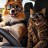 adventure, animal, brown_fur, car_interior, cat, companion, cute, dog, fur, goggles, happy, pet, seat, seatbelt, steering_wheel, striped_fur, sunlight, travel, vehicle, window
