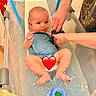 Hudson is registered to the contest to win money with this photo: baby, infant, bath, bathtub, water, blue_onesie, adult_hands, digital_thermometer, bathroom, towel, plastic_tub, skin, child, person, cute, smiling, sitting, water_temperature, heart_emoji, cleaning