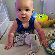 Raylon participe au concours pour gagner de l'argent avec cette photo : baby, blue_shirt, bright_colors, child, closeup, crawling, curious, early_development, expression, face, giraffe_toy, hand, indoor, infant, mirror, playpen, plush, skin, soft_toys, toy