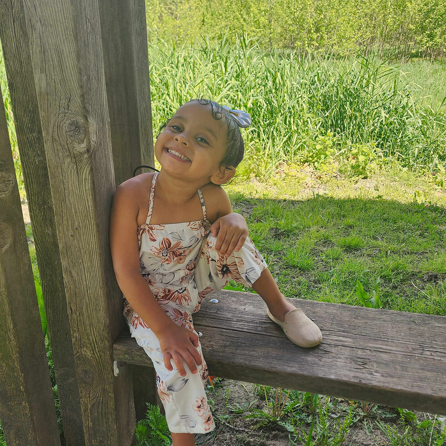 Taylynn joined the competition — help win amazing prizes! bench, child, clothing, dress, eveningdress, face, female, formalwear, furniture, girl, grass, happy, head, person, photography, plant, portrait, sitting, smile, wood