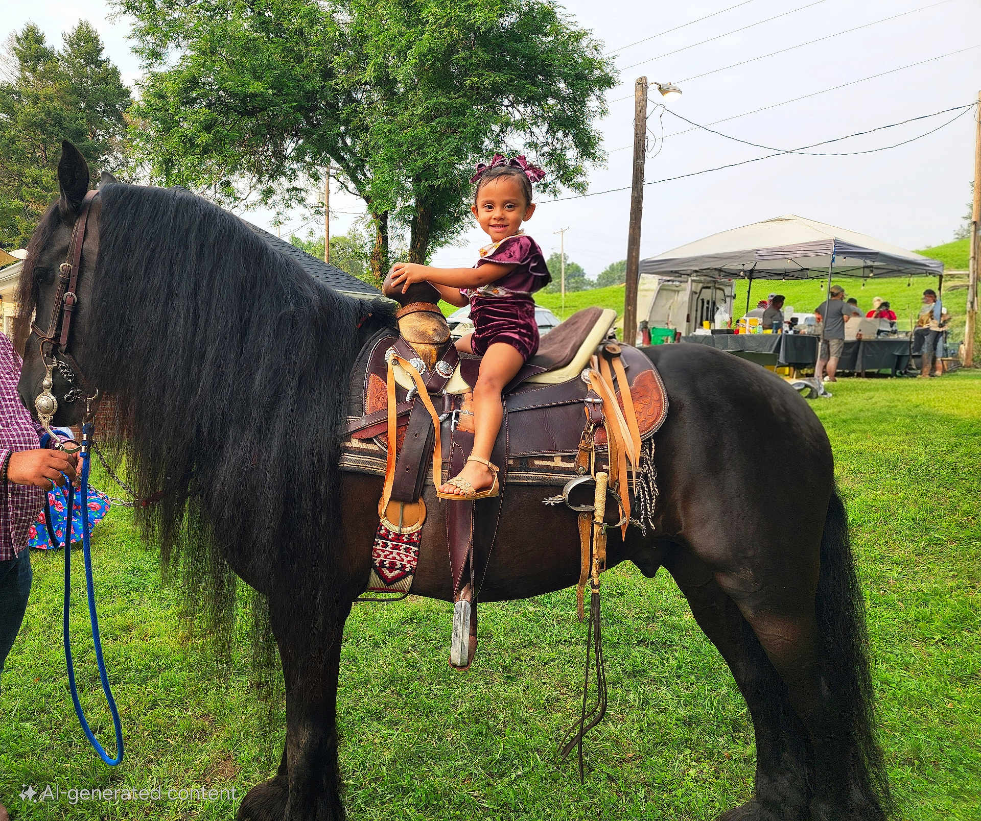 Taylynn joined the competition — help win amazing prizes! child, girl, horse, black_horse, saddle, outdoor, grass, tree, person, animal, pet, smiling, footwear, headwear, tent, event, nature, leisure, daytime, riding