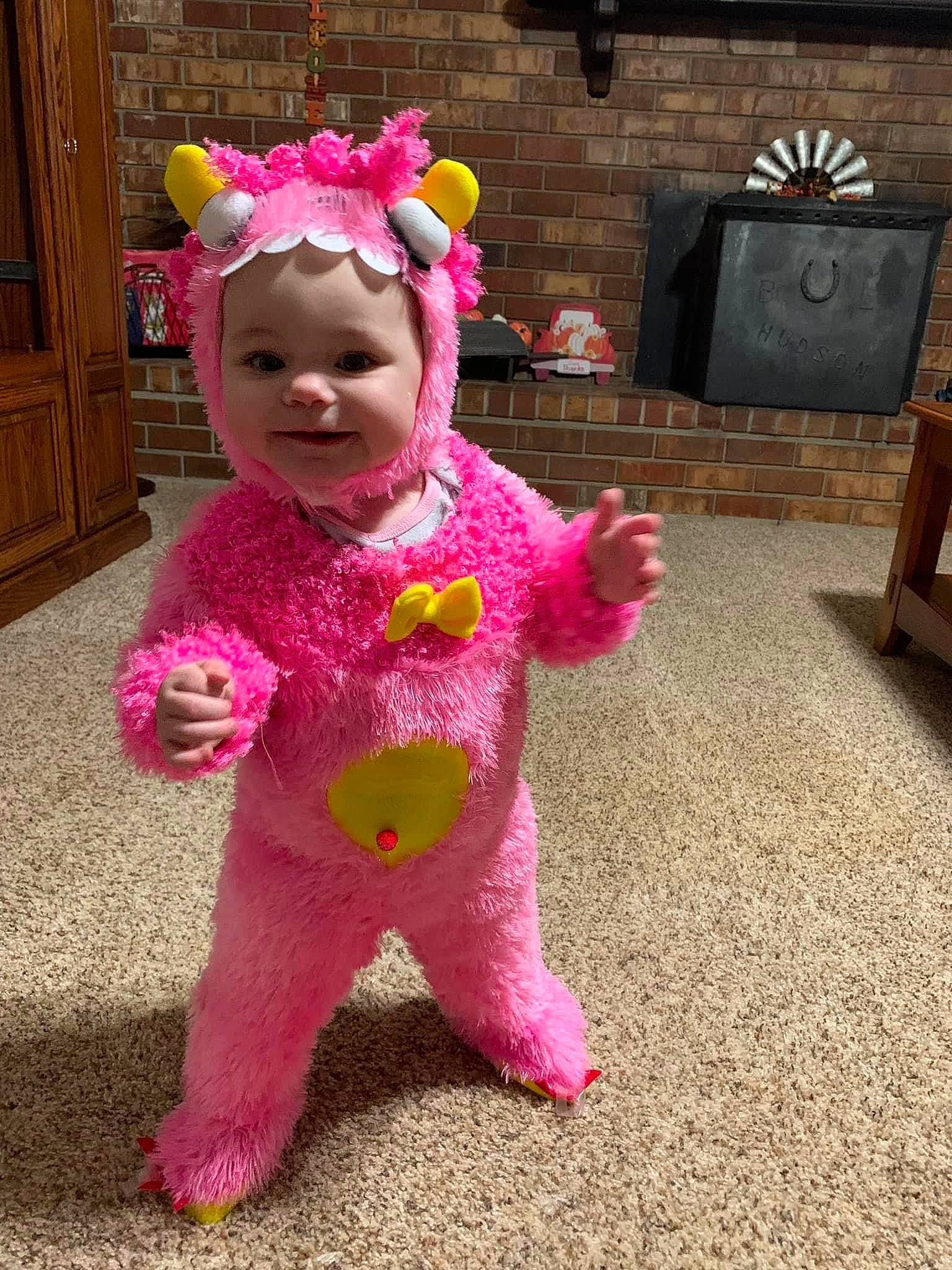 Eden joined the competition — help win amazing prizes! baby, baby_toddler_clothing, child, costume, creative_arts, door, fun, fur, happy, headgear, joy, magenta, party_supply, person, pink, plush, sleeve, stuffed_toy, textile, toddler