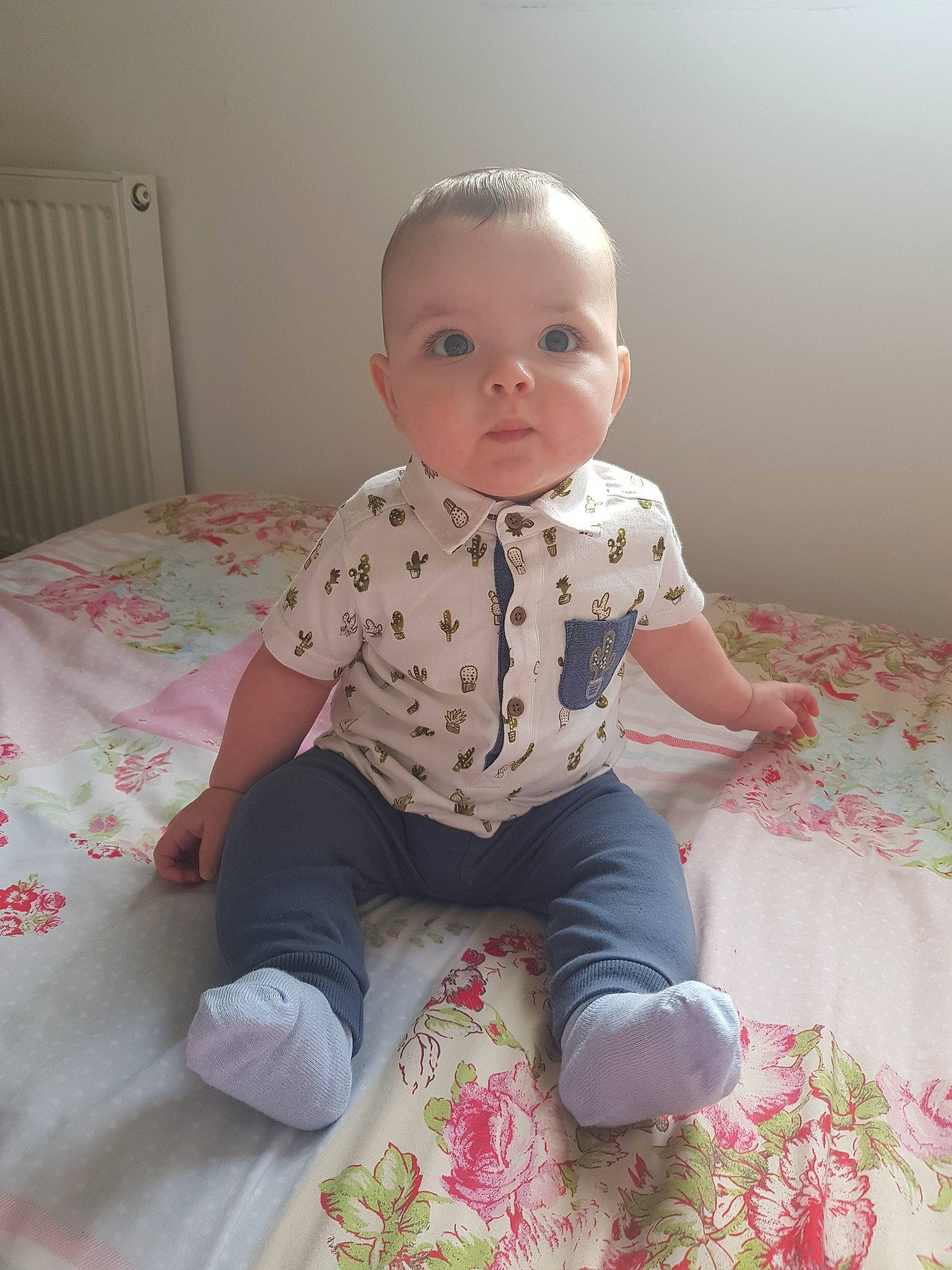 Theodore joined the competition — help win amazing prizes! baby, baby_toddler_clothing, cheek, child, pattern, person, pink, sitting, skin, sleeve, textile, toddler