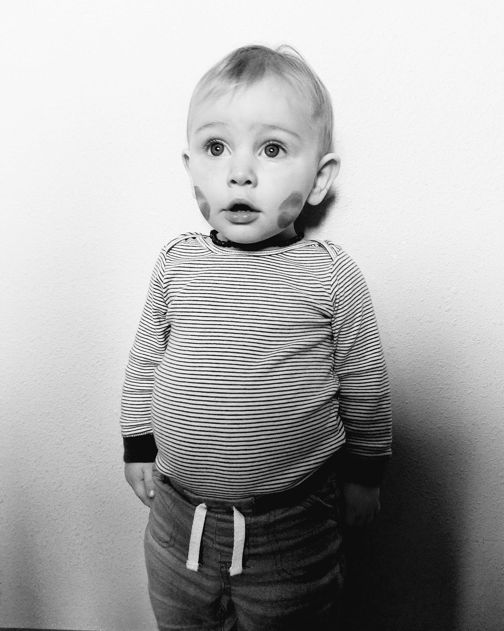 Orion joined the competition — help win amazing prizes! baby, black, black_and_white, cheek, child, eye, face, head, lip, monochrome, monochrome_photography, nose, people, person, photograph, photography, portrait, portrait_photography, standing, surprise