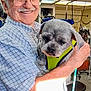 Gizmo is registered to the contest to win money with this photo: elderly_man, smiling, dog, small_dog, gray_dog, dog_harness, yellow_harness, indoor, grooming_salon, veterinary_clinic, pet_care, happy, glasses, short_hair, checkered_shirt, holding, companion, animal, person, friendly