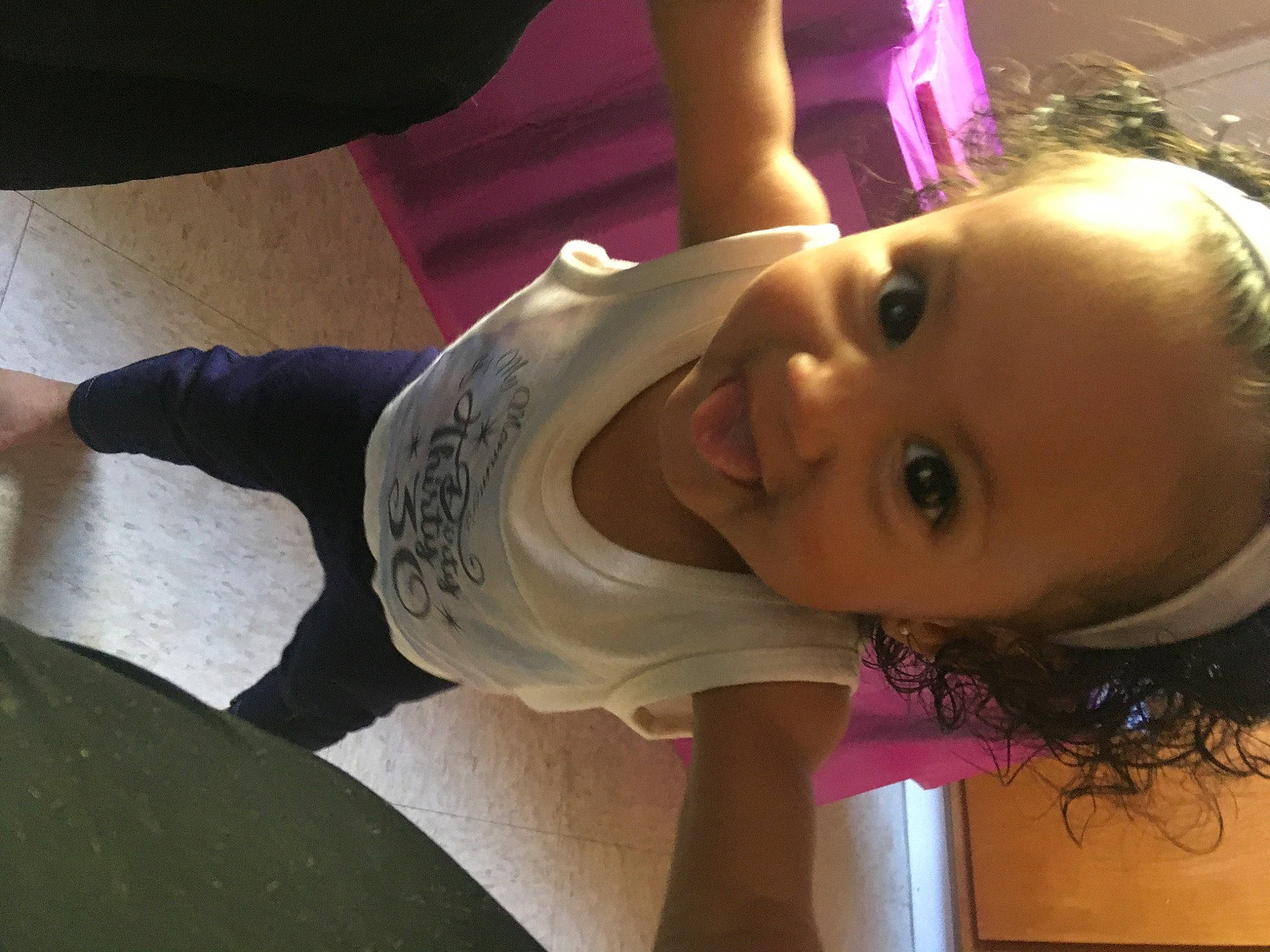 Iliana is registered to the contest to win money with this photo: blond, brown_hair, cheek, child, eyelash, facial_expression, fun, happy, human_body, human_leg, iris, lip, long_hair, magenta, mouth, nose, person, purple, skin, smile