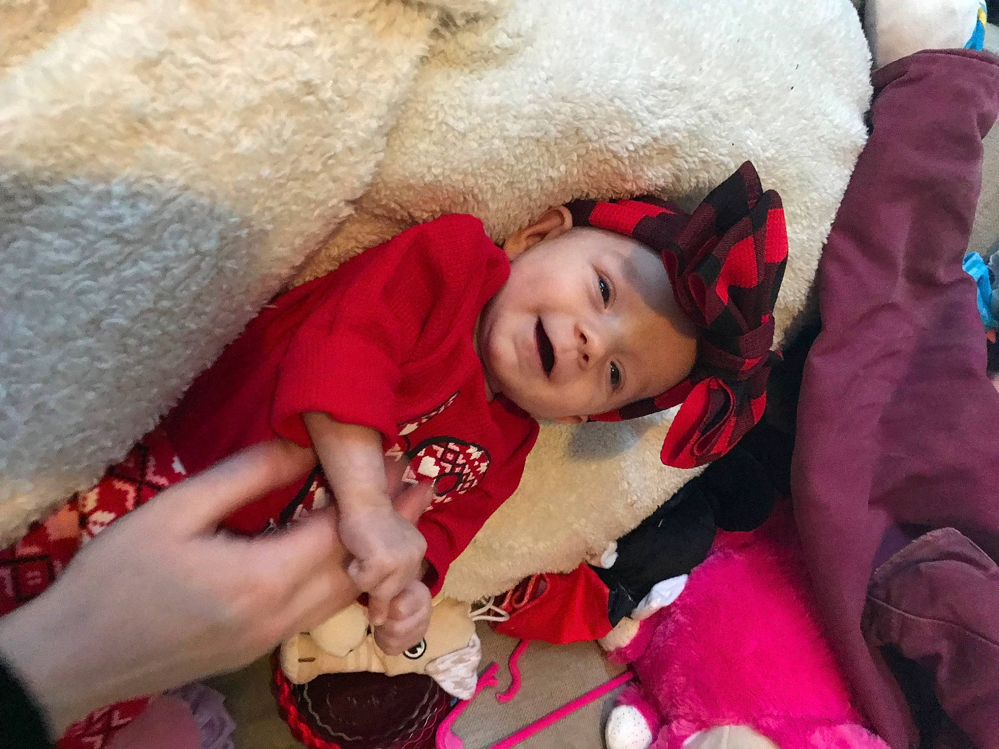 Alia joined the competition — help win amazing prizes! baby_toddler_clothing, child, christmas, christmas_eve, comfort, event, fun, fur, happy, headwear, holiday, jewellery, linens, magenta, pattern, person, pink, sitting, skin, toddler