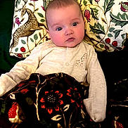 Daisy joined the competition — help win amazing prizes! baby, infant, pajamas, blanket, cushion, patterned_fabric, deer, pomegranate, bird, flower, face, eyes, person, indoors, cozy, soft_lighting, portrait, cute, child, expression