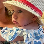 Alma participe au concours pour gagner de l'argent avec cette photo : adult, baby, blue_dress, child, closeup, clothing, cute, eyes, face, floral_pattern, hat, holding, indoor, infant, person, portrait, red_band, shoulder, skin, white_hat