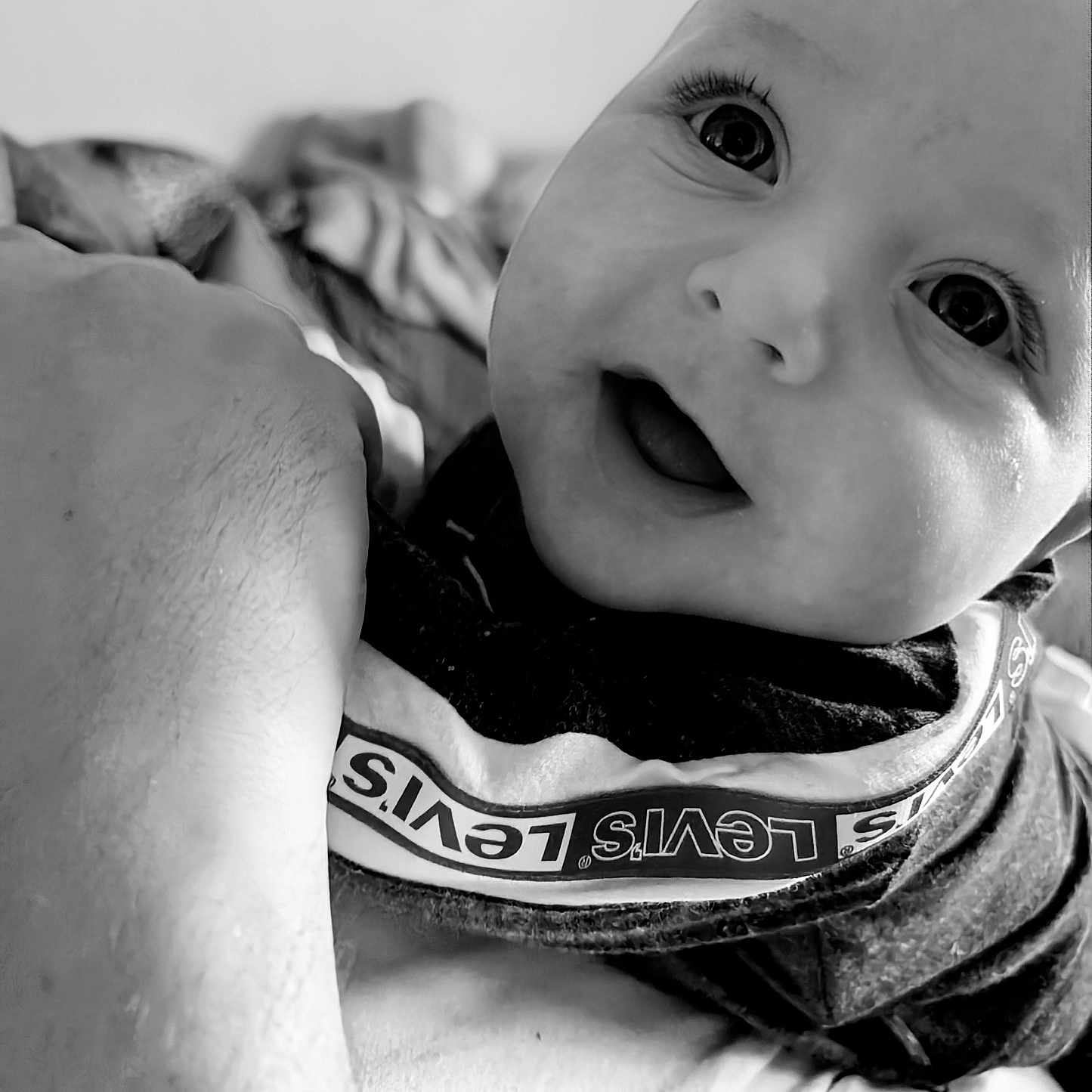 Kaizer joined the competition — help win amazing prizes! arm, baby, black_and_white, child, close_up, clothing, cute, expression, eyes, fabric, face, happy, indoor, infant, levis, person, portrait, smile, texture, young