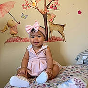 Cattaleya joined the competition — help win amazing prizes! baby, bedroom, bird, blossoms, butterfly, child, deer, floral_bedspread, hair_bow, headband, indoors, infant, owl, pink_dress, portrait, rabbit, sitting, smiling, storybook, wall_mural