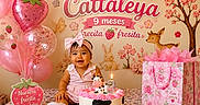 Cattaleya joined the competition — help win amazing prizes! baby, balloons, birthday, bow, cake, candle, celebration, decorations, dress, flowers, gift_bag, infant, party, pink, portrait, sitting, smiling, strawberries, table, woodland_animals