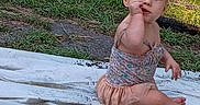 Rosalyn is registered to the contest to win money with this photo: baby, child, infant, sitting, outdoor, grass, blanket, floral_outfit, dress, barefoot, portrait, face, blue_eyes, looking_at_camera, finger_in_mouth, sunlight, backyard, playtime, baby_clothing, toddler
