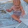 Rosalyn is registered to the contest to win money with this photo: baby, child, infant, sitting, outdoor, portrait, face, head, hands, feet, dress, floral_pattern, blanket, plastic_sheet, water, wet_surface, grass, ground, sunlight, curious