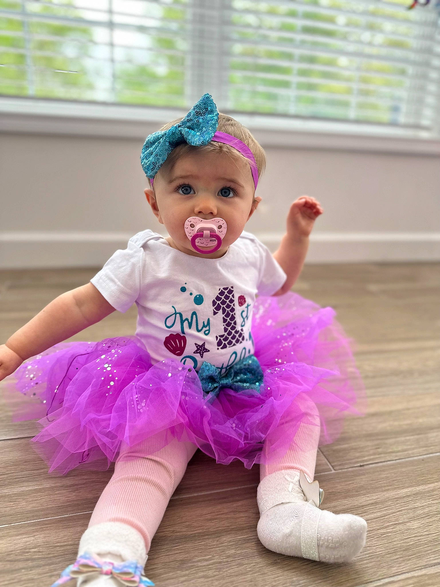 Violette joined the competition — help win amazing prizes! baby, baby_toddler_clothing, child, costume, face, fashion_accessory, fun, happy, headwear, magenta, person, pink, purple, sitting, skin, sleeve, smile, sock, toddler, violet