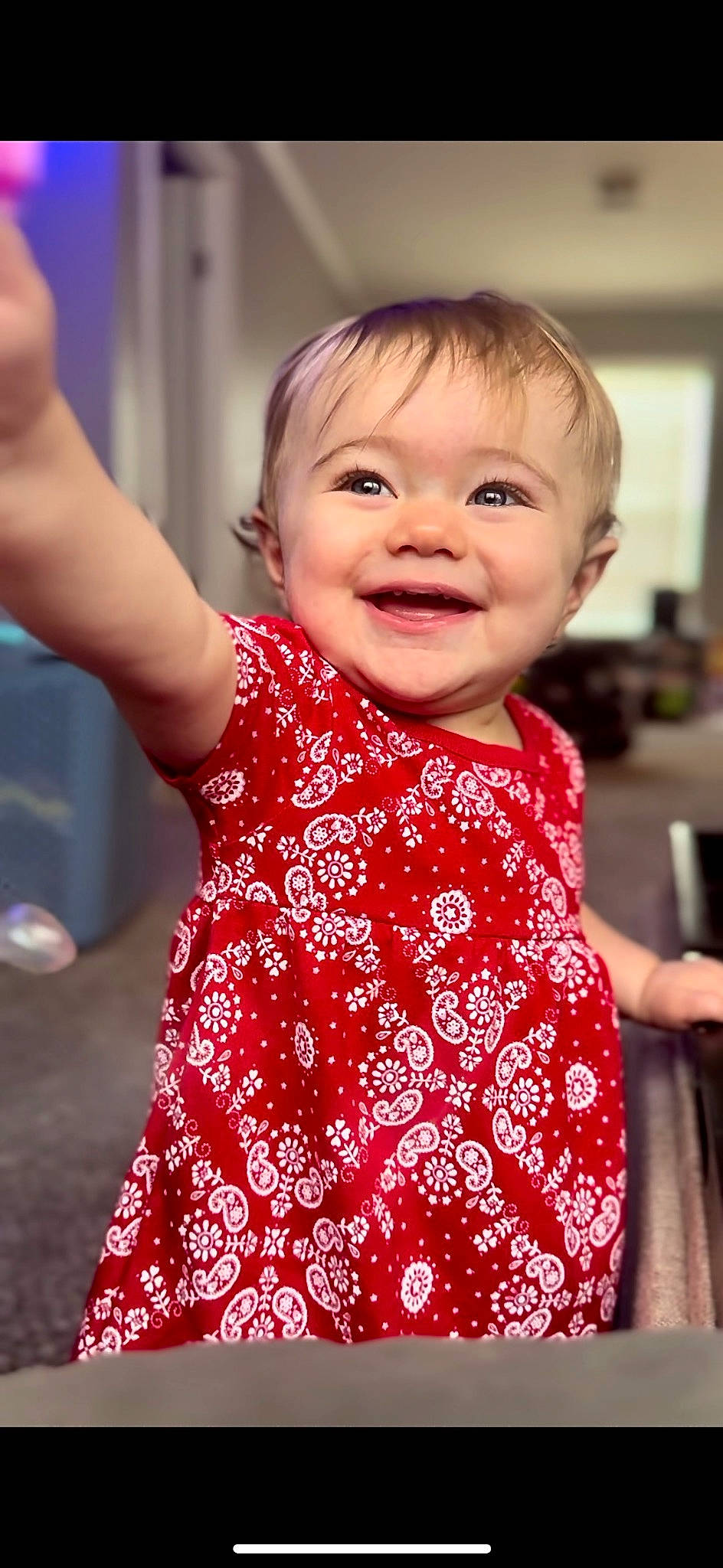 Violette joined the competition — help win amazing prizes! baby_toddler_clothing, cheek, child, day_dress, dress, event, face, facial_expression, fun, gesture, happy, joy, magenta, one_piece_garment, pattern, person, skin, sleeve, smile, standing