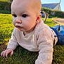 baby, infant, child, sweater, knitwear, grass, lawn, outdoors, sunlight, portrait, closeup, hands, face, eyes, cheeks, jeans, bicycle, wheel, house, crawling