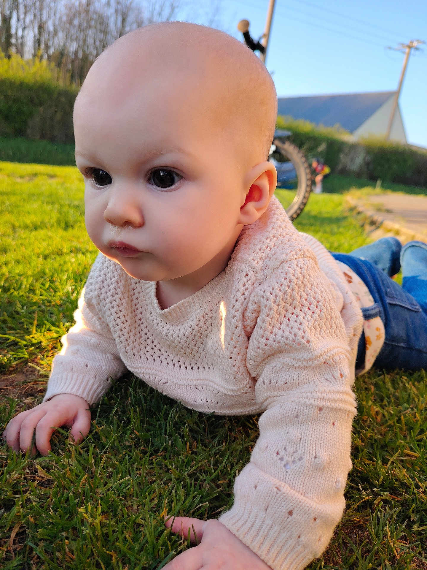 Maé participe au concours pour gagner de l'argent avec cette photo : baby, infant, child, sweater, knitwear, grass, lawn, outdoors, sunlight, portrait, closeup, hands, face, eyes, cheeks, jeans, bicycle, wheel, house, crawling