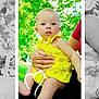baby, child, yellow_clothing, outdoor, greenery, hand, person, nature, summer, portrait, infant, cute, holding, leafy_background, sunny, casual, expression, sitting, love, doodle