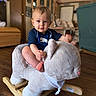 Jonah is registered to the contest to win money with this photo: baby, child, infant, portrait, sitting, smiling, indoor, living_room, plush_toy, elephant, rocking_toy, blue_shirt, bare_feet, wooden_floor, furniture, home, toy, happy, cozy, photography