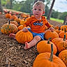 baby, child, toddler, pumpkin, pumpkin_patch, autumn, fall, outdoor, farm, nature, orange, sitting, portrait, smiling, blonde_hair, blue_eyes, orange_shirt, blue_shorts, bare_feet, daylight
