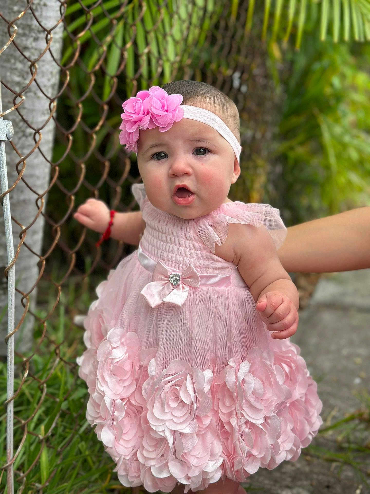 Elianys is registered to the contest to win money with this photo: baby, child, pink_dress, flower_headband, chain_link_fence, outdoor, grass, hand, person, cute, toddler, smiling, portrait, skin, headband, nature, support, young_child, dress, flower