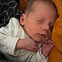 newborn, baby, sleeping, blanket, pillow, infant, cozy, resting, peaceful, soft, face, hand, clothing, indoor, closeup, portrait, young_child, skin, bed, comfort