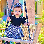 Valentina joined the competition — help win amazing prizes! toddler, child, swing, bench, outdoor, daylight, black_and_white, headband, dress, boots, chains, lantern, butterflies, wood, garden, greenery, portrait, cute, fashion, play