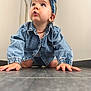 Sophia participe au concours pour gagner de l'argent avec cette photo : toddler, child, denim_jacket, headband, indoor, floor, crawling, curious, expression, blue_headband, casual_clothing, person, young_child, wall, tile_floor, candid, baby, head, hands, jewelry