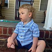 Lawson joined the competition — help win amazing prizes! brick_step, brown_shoes, casual_clothing, child, curious_expression, curly_hair, daylight, door, footwear, front_yard, home, outdoor, person, porch, side_view, sitting, striped_shirt, toddler, window, young_child