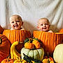 baby, pumpkin, smile, fall, autumn, gourd, orange, white_background, cute, child, holiday, festive, harvest, nature, fun, portrait, two_children, seasonal, decoration, happy