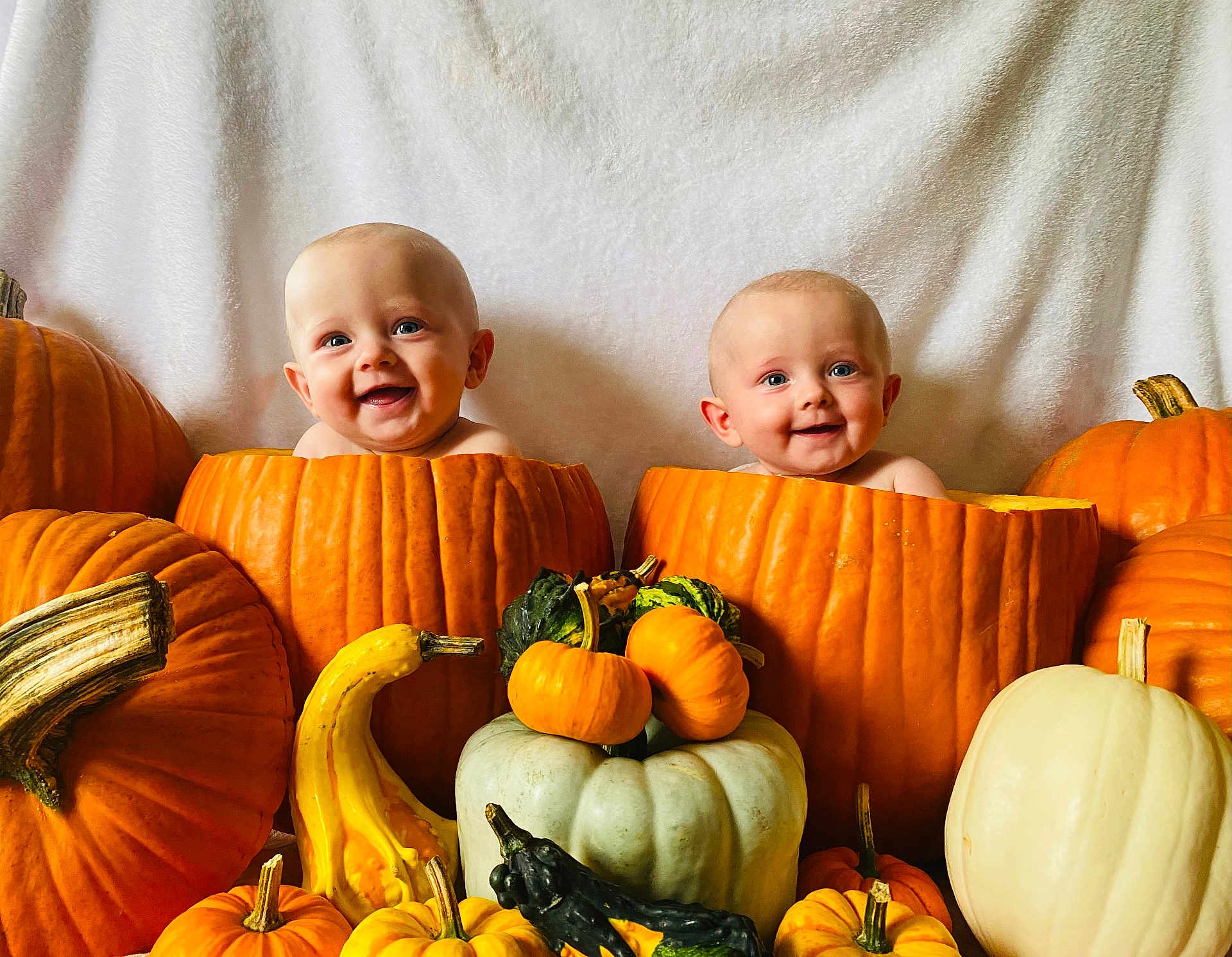 Madison And Melanie is registered to the contest to win money with this photo: baby, pumpkin, smile, fall, autumn, gourd, orange, white_background, cute, child, holiday, festive, harvest, nature, fun, portrait, two_children, seasonal, decoration, happy